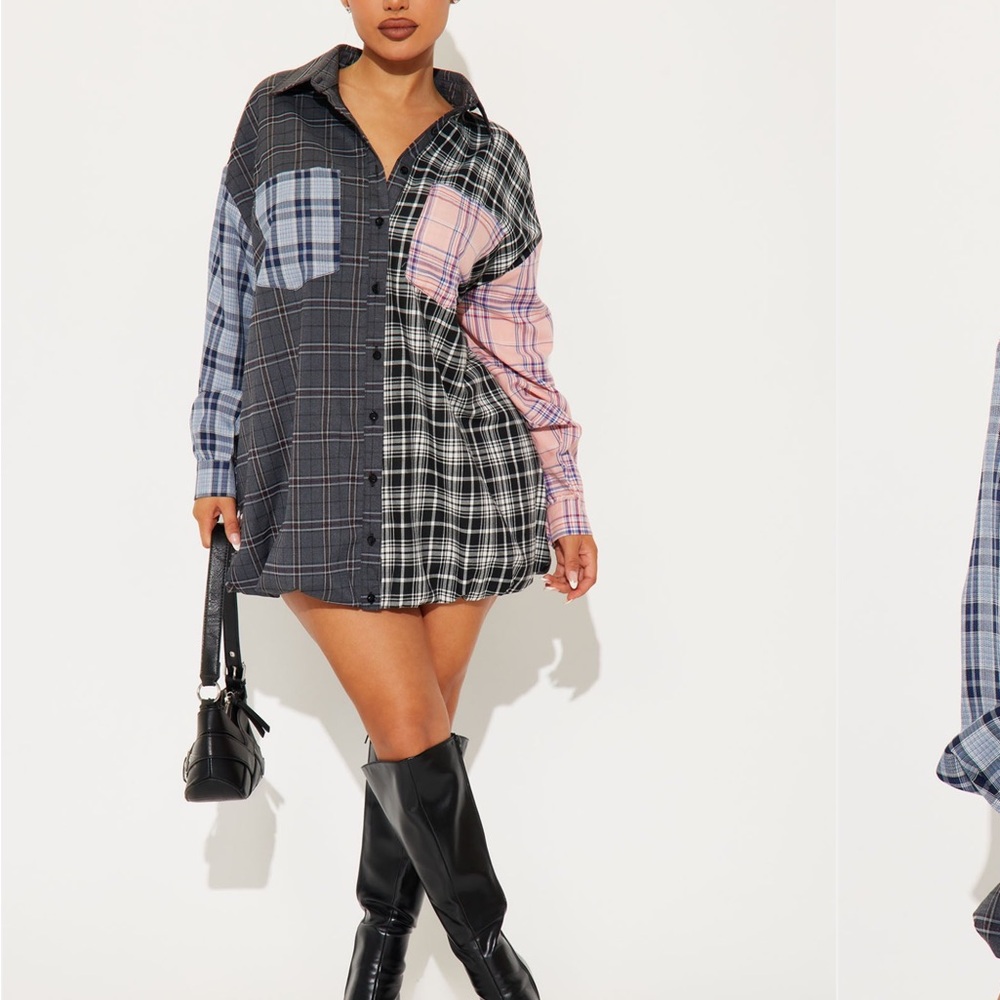 Fashion Nova Asymmetrical Plaid Shirt Dress in Black, Gray, Blue, Pink